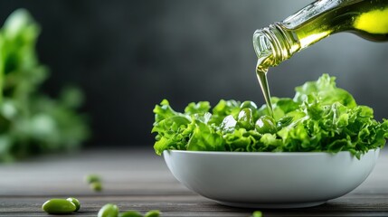 A vibrant bowl of fresh green lettuce is drizzled with golden olive oil, showcasing the rich colors and textures of wholesome ingredients for a healthy meal.