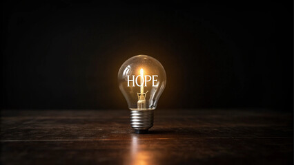 Glowing lightbulb with the word hope inside against a dark wooden background