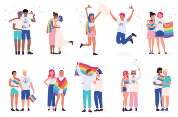 Lgbt couple people, happy family set vector illustration. Cartoon diverse group of homosexual characters standing with rainbow flag, gay, transgender and lesbian community on parade isolated on white
