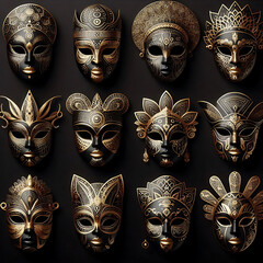 Eight Ethnic Black and Gold Masks on Black Background &mdash; Tribal Art Collection

