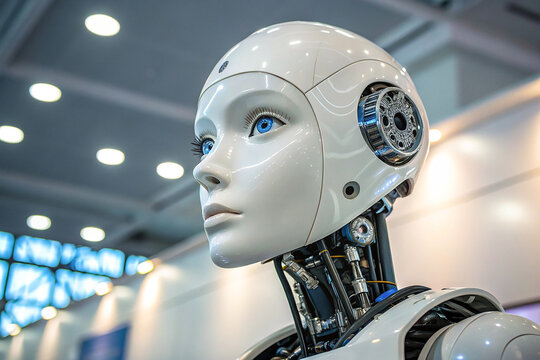 A close-up of a humanoid robot’s head, showcasing intricate details and advanced design. The robot's face features smooth