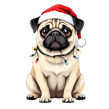 Cute pug dog wearing santa hat christmas lights isolated on transparent background