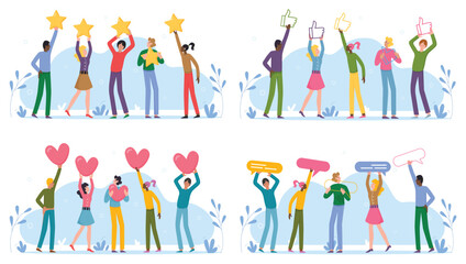 Customer people feedback review, best choice set vector illustration. Cartoon woman man client characters holding in hand five rating stars, like hearts to rate quality of experience isolated on white