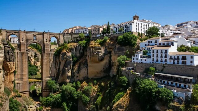 Puente Nuevo Bridge in Ronda, Spain - A stunning aerial view showcases the Puente Nuevo Bridge in Ronda, Spain, dramatically situated between two steep cliffs.