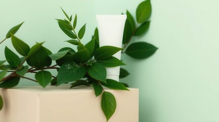 Skincare product mockup on a pedestal with green leaves against a mint green background. Nature and beauty.