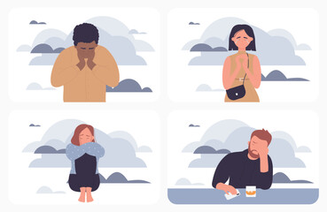 Sad lonely person sitting with rain clouds and fog of depression set vector illustration. Cartoon young man woman characters feel sorrow, depressed girl crying. Psychotherapy, mental health concept