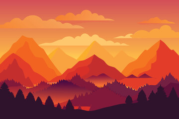 vibrant orange sky over mountain silhouette vector illustration