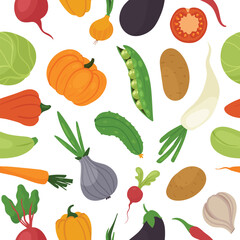 Vegetable healthy organic food menu for vegetarian diet seamless pattern vector illustration. Cartoon fresh vegetables for cooking, carrot onion tomato cucumber radish pumpkin potatoes background