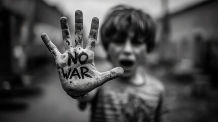 Young Protester with "NO WAR" on Hand, Voicing Anti - War Sentiment