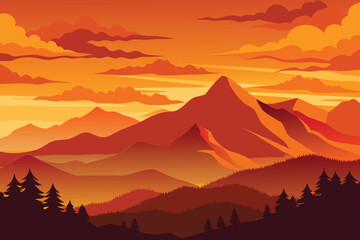 vibrant orange sky over mountain silhouette vector illustration