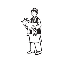 Silhouette of Boy Holding Goat During Eid-ul-Adha Qurbani – Islamic Festival Line Art Vector

