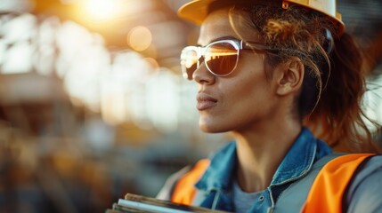 A stylish woman wearing a hard hat and sunglasses stands confidently at a construction site, symbolizing empowerment and breaking stereotypes in traditionally male-dominated fields.