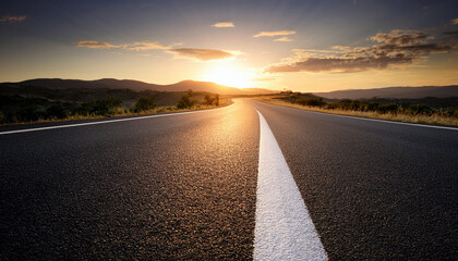 black asphalt road and white dividing lines at sunset