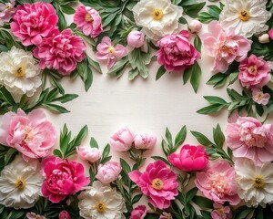 Pink peonies and green leaves frame a light wooden surface. Use for wedding invites, branding, or adding a fresh touch.