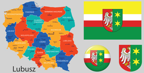 Obraz premium Vector map of Lubusz Voivodeship with official coat of arms. Suitable for educational materials, regional presentations, and administrative projects.