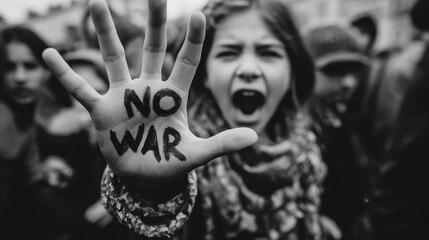 Young Protester with "NO WAR" on Hand, Voicing Anti - War Sentiment