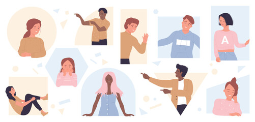 People looking out of window vector illustration. Cartoon children and adults standing inside different geometric shapes, persons peeking with curiosity, waving and greeting with smiles behind walls
