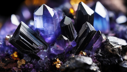 black crystals of sphalerite with fluorite detailed macro photograph