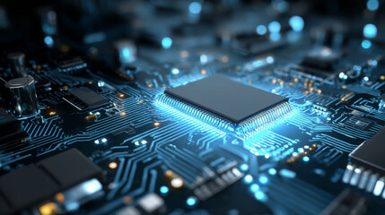 AI glowing circuit board background. Connected blue lines with hi-tech electronics elements. Computer motherboard. Technology digital panel. Vector illustration