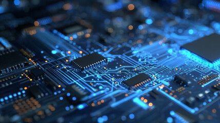 AI glowing circuit board background. Connected blue lines with hi-tech electronics elements. Computer motherboard. Technology digital panel. Vector illustration