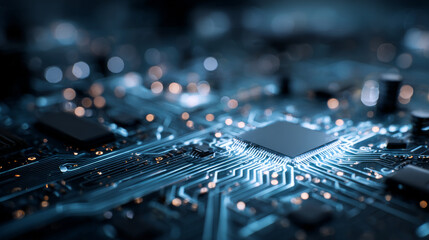 AI glowing circuit board background. Connected blue lines with hi-tech electronics elements. Computer motherboard. Technology digital panel. Vector illustration
