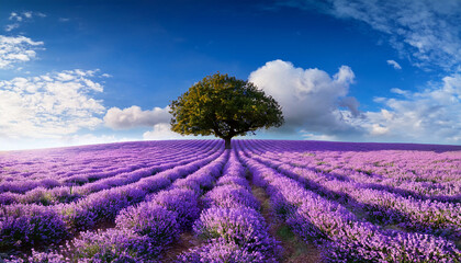 stunning landscape with lavender field tree under sunny blue sky happy clouds blooming violet fragrant booming lavender meadow fantastic nature wallpaper dream natural view colorful closeup floral