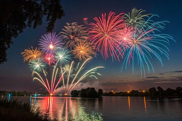 A vibrant night-time scene of fireworks exploding in the sky, colorful bursts illuminating the darkness, sparkling lights