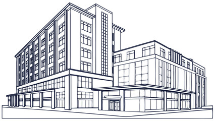 Illustration of a large building complex with multiple floors and many windows in a line drawing style
