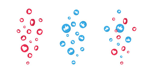 Flying like icon set. 3D heart sticker in red, blue flying on white background. Live stream banner. Perfect for social media, love. Falling marketing button. Vector Illustration
