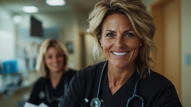 Two smiling healthcare workers showcase professionalism and warmth, promoting a positive atmosphere in a medical setting, reflecting dedication and care for patients.