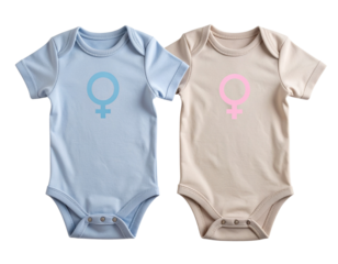  Twin Baby Onesies in Neutral Tones with Gender Symbols, isolated on transparent background.