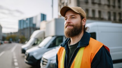 Logistics manager wearing safety vest stands confidently on busy street, overseeing fleet of delivery vehicles. His expression reflects determination and focus on efficient operations