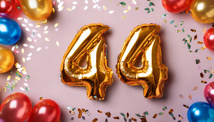 golden number 44 metallic foil balloons celebration background with colorful balloons and confetti