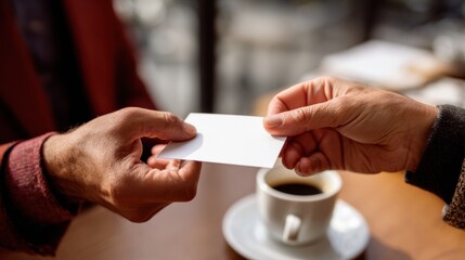 Close up of hands exchanging blank business card over coffee cup on wooden table, symbolizing networking and professional connections in casual setting