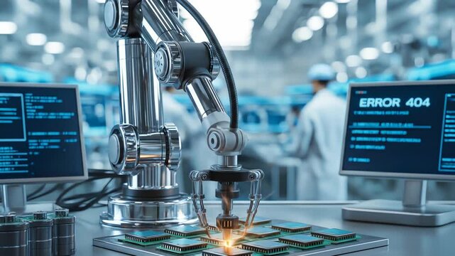 Robot arm assembling electronic components in factory