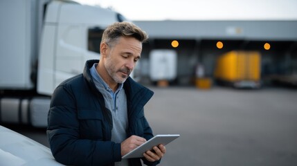 Fototapeta premium Logistics manager analyzing data on tablet outside warehouse, surrounded by trucks and containers, showcasing professional and focused demeanor