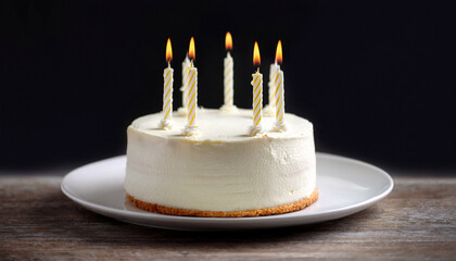 white birthday cake with five lit candles on elegant white plate