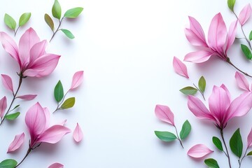 Fototapeta premium Pink magnolia blossoms and green leaves lie on white. Use for invitations, cards, backgrounds, or web designs.