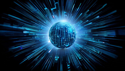 blue tech sphere burst on black background
