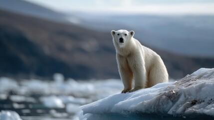Polar bear stands majestically on ice formation, gazing into distance. serene landscape features icy waters and distant mountains, evoking sense of tranquility and wonder