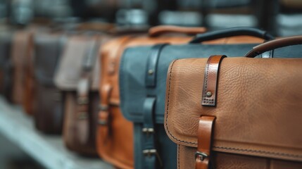 An array of beautifully crafted leather bags in shades of brown and black is elegantly arranged on shelves, showcasing timeless fashion and the art of craftsmanship in accessories.