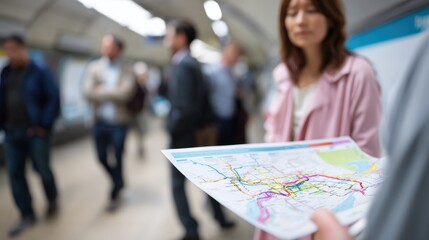 Person holding public transport map in busy subway station, surrounded by commuters. map features highlighted safety routes, emphasizing navigation and urban travel