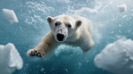 Polar bear swimming in icy waters, surrounded by floating ice fragments, showcases beauty and grace of this majestic creature in its natural habitat. scene evokes sense of wonder and tranquility