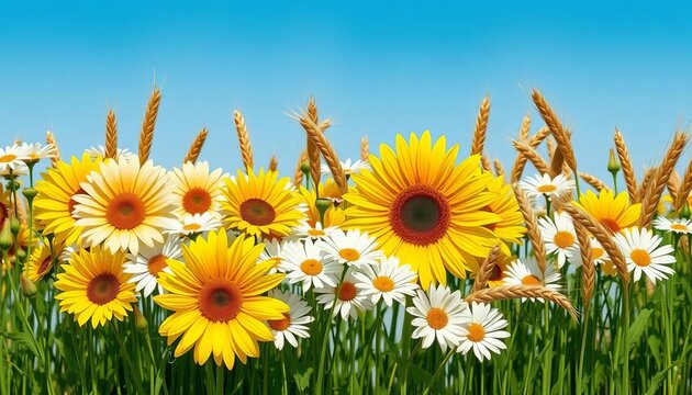 White, yellow, and green daisies, sunflowers, and wheat sheaves in a continuous horizontal border, fabric, botanical