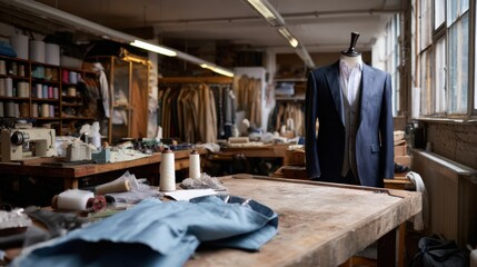 Tailor workshop filled with tools, fabrics, and mannequin displaying tailored suit. atmosphere is creative and industrious, showcasing art of tailoring