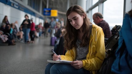 Teenage girl is sketching in her notebook while sitting in busy airport terminal, surrounded by travelers. atmosphere is lively, capturing moment of creativity amidst hustle and bustle