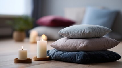 Tranquil meditation space featuring soft cushions and lit candles creates serene atmosphere for relaxation and mindfulness. gentle lighting enhances calming environment