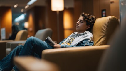 Young traveler relaxes in comfortable chair, absorbed in book, surrounded by modern lounge atmosphere. serene expression reflects moment of peace and tranquility