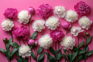 Pink peonies and white peonies are arranged on pink backdrop. Use it for spring, summer designs, or any floral background needs.