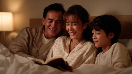 Family enjoys cozy evening together, reading book in bed. warm light creates comforting atmosphere, highlighting their joyful expressions and shared moments of connection